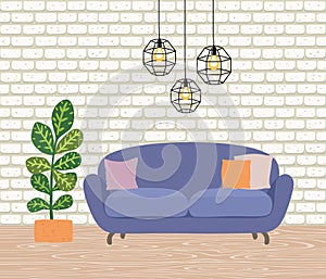 The interior of the room with a yellow sofa, lamps and a houseplant. Wooden floor and wall