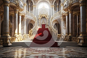 Interior of royal palace with red carpet and stairway, 3d render
