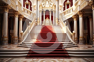 Interior of royal palace with red carpet and stairway, 3d render