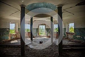 Interior of ruined round hall of an abandoned mansion Earl Voeikov, Penza Region