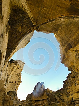 Interior of the ruins of the castle of Queen Jeanne near Eyguieres in the Alpilles in Provence in France, sections of wall and