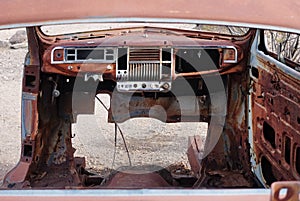 Interior, rusted out old truck