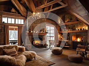 Interior of a rustic country house with fireplace and wood