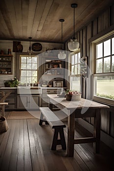 Interior of a rustic country style kitchen with wooden table and chairs