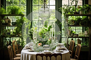 interior of a rustic dining room in a country house with lots of green plants