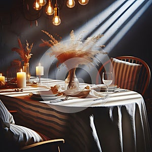 Interior of a rustic restaurant. Table setting with candles and flowers.