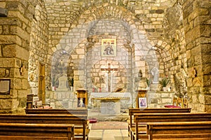Interior of Saint Elisha Deir Mar Lichaa historic maronite monastery built in rocks, Qadisha valley, Qannoubine, Lebanon