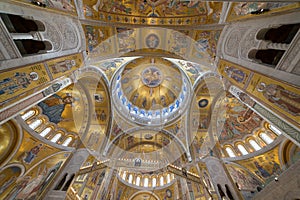 Interior of Saint Sava temple in Belgrade, Serbia, gold mosaic touristic attraction