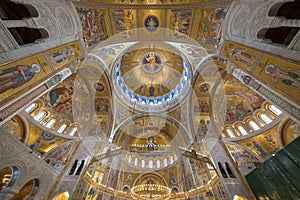 Interior of Saint Sava temple in Belgrade, Serbia, gold mosaic touristic attraction