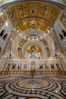 Interior of Saint Sava temple in Belgrade, Serbia, gold mosaic touristic attraction