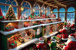 Interior of Santa Claus Workshop - Elves Busily Crafting and Packing Toys, Assembly Line of Colorful Creations