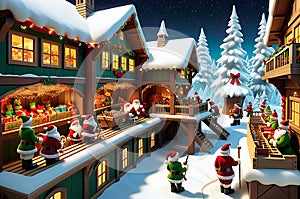Interior of Santa Claus Workshop - Elves Busily Crafting and Packing Toys, Assembly Line of Colorful Creations