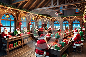 Interior of Santa Claus Workshop - Elves Busily Crafting and Packing Toys, Assembly Line of Colorful Creations