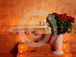 Interior of sauna with candle.