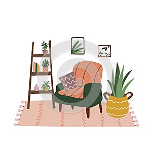 Interior in scandinavian hygge style. Comfy chair and home decorations set. Cozy living room or apartments with plant