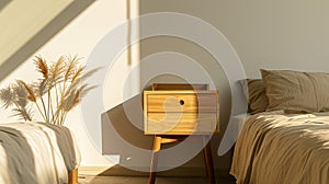 Interior in Scandinavian style. Bed, bedside table, vase with dried flowers