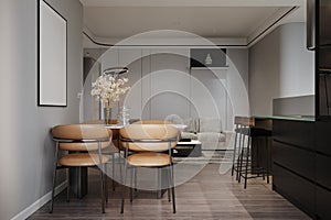 Interior Scene and Mock up blank poster frame on the wall, Modern Style Dining Room Chairs. 3d rendering