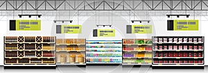 Interior scene of modern supermarket with products background