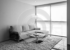 Interior scene. Sofa under the window light. Black and White.