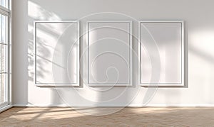 Minimalist Interior with Three Blank Poster Mockups and Natural Sunlight