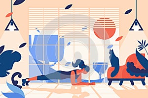 Interior scene with woman doing plank position. Home gym in front of window, with stylish chair and sitting cat. Flat indoors