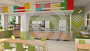 Interior of the school children`s canteen. 3D visualization of dining room for schoolchildren.