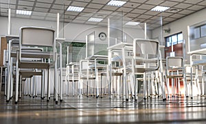 Interior of a school with desks equipped with protective plexiglass screens photo