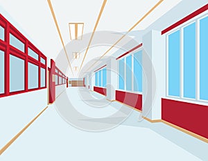 Interior of school hall in flat style. Vector illustration of university or college corridor with windows.