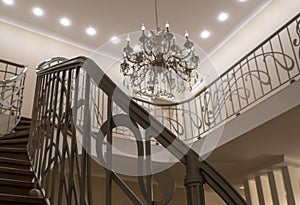 The interior of the second light stairs, railings chandelier