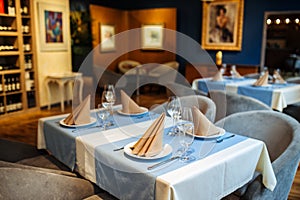 Interior served restaurant table wine glasses
