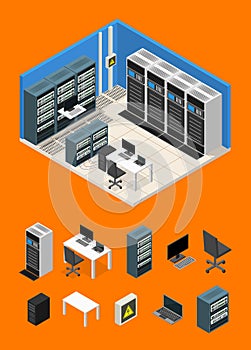 Interior Server Room and Parts Isometric View. Vector