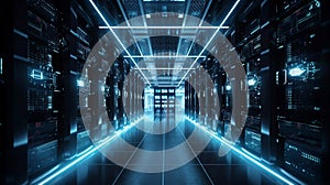 Interior of a server room, where server towers are visible on the left and right sides and a corridor runs through the center.