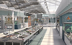 The interior of the shop fresh fish and seafood. 3D render. Design project of the fish market.