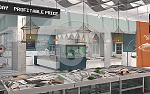 The interior of the shop fresh fish and seafood. 3D render. Design project of the fish market.