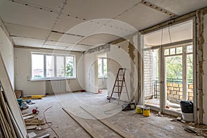 Interior of an empty house undergoing renovation