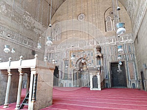 Interior shot of mihrab and pulpit of Sultan Hassan mosque in Egypt