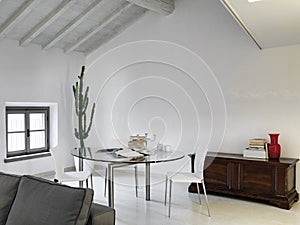 Interior shot of a modern living room in the attic room