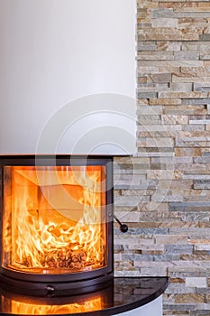 Interior shot of a modern marble fireplace