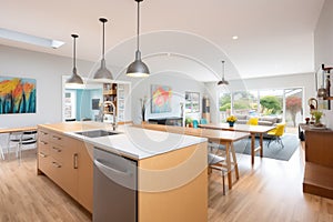 interior shot of new openplan kitchen and dining space photo