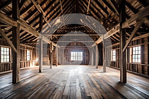 interior shot of restored barn showcasing wooden beams