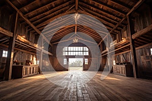 interior shot of restored barn showcasing wooden beams