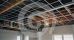 Ceiling Construction: Metal Grid and Wooden Beams