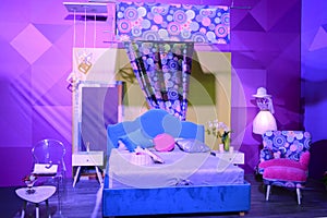 Interior show, bedroom modern design in ultra violet colors