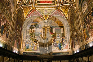 Interior of Siena Cathedral. Piccolomini Library with frescoes painted by Pinturicchio