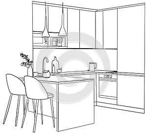 Interior sketch of kitchen room. Kitchen with modern furniture