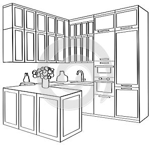 Interior sketch of kitchen room. Modern furniture
