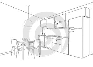 Interior sketch of kitchen room. Outline blueprint design of kit