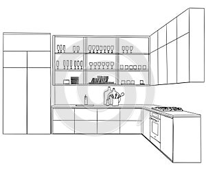 Interior sketch of kitchen room. Outline blueprint design of kitchen with modern furniture