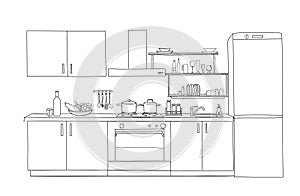 Interior sketch of kitchen room. Outline blueprint furniture design