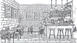 Bar Interior Sketch, Cafe Design with Stools and Bottles